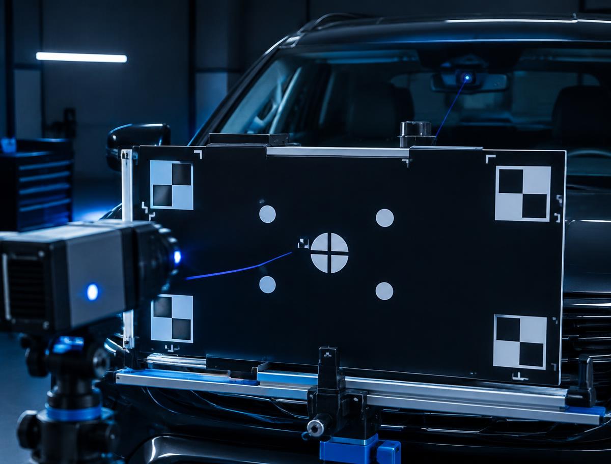 ADAS calibration target positioned in front of a vehicle