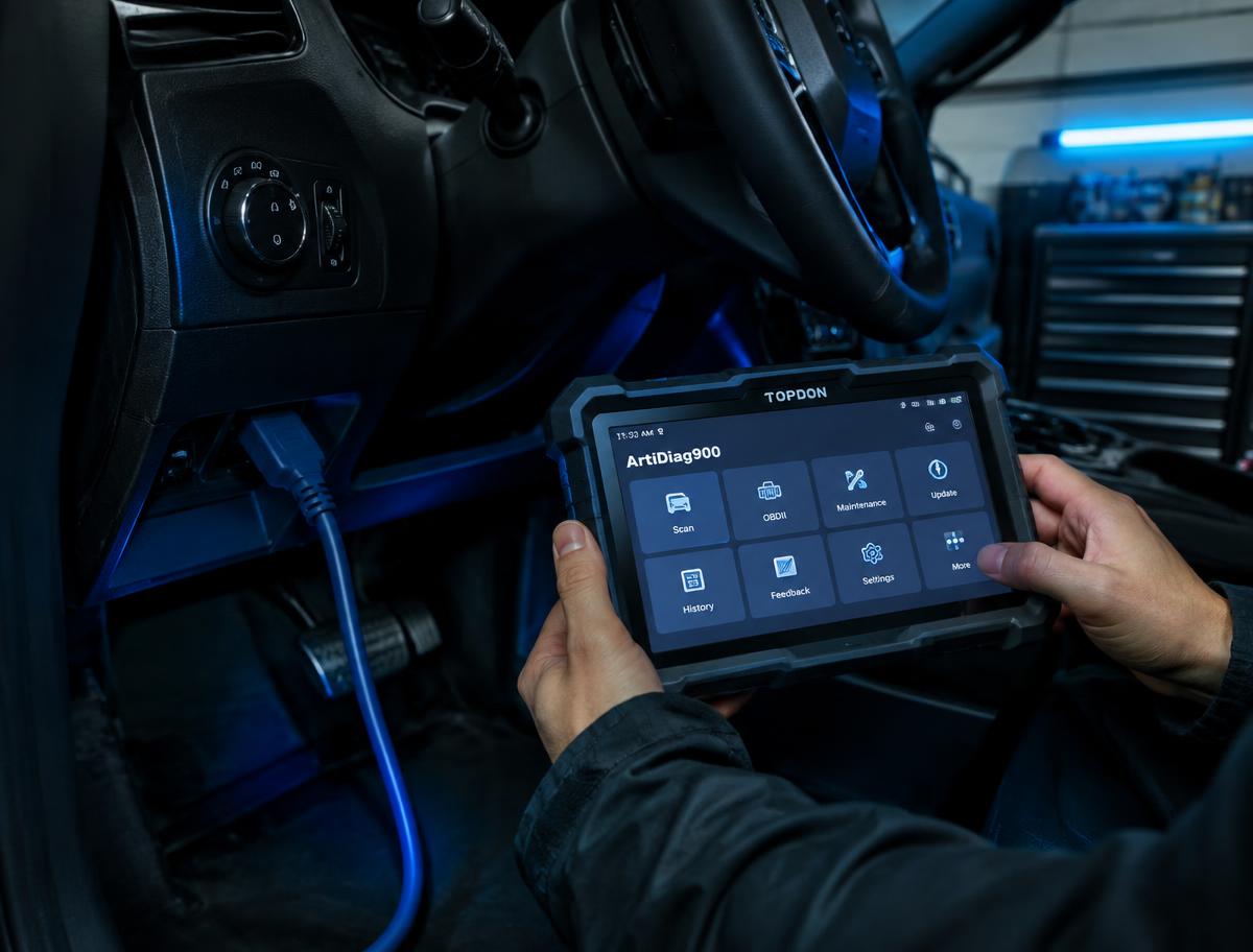 Technician using a diagnostic scan tool connected to a vehicle